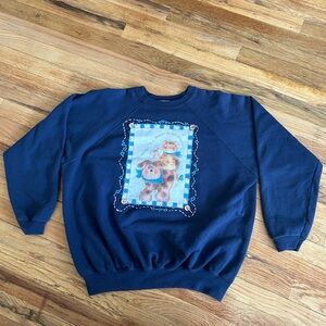 Hanes Navy Blue Cat Dog Friendship Graphic Crewneck Sweater Grandma Cottage Core